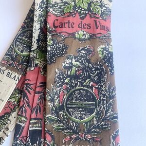 Vtg  Rooster  Square End Tie Carte des Vins French Wine List Hand Printed Cotton